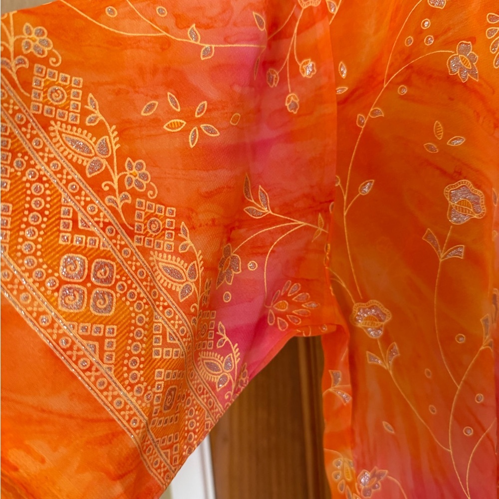 Vibrant Orange and Pink Floral print mandarin collar - Picture 3 of 10